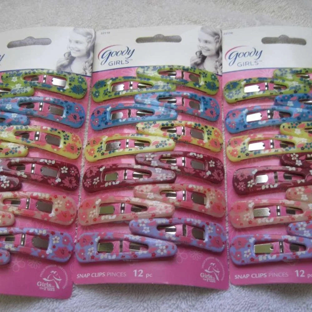 12 Goody Girls Snap Hair Clips Flowers Flexible Plastic Cover Shifts Heather